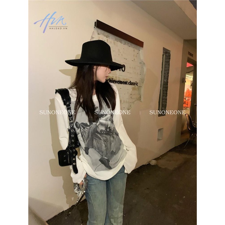 Áo Thun Dệt Kim Tay Dài Dáng Rộng In Họa Tiết Kiểu Retro Mỹ Xinh Xắn Cho Nữ