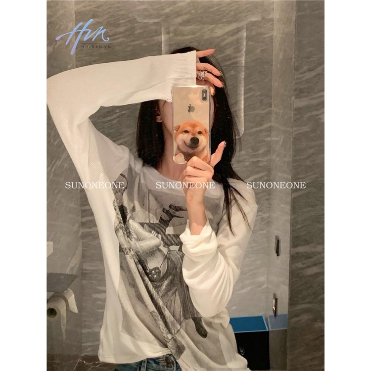 Áo Thun Dệt Kim Tay Dài Dáng Rộng In Họa Tiết Kiểu Retro Mỹ Xinh Xắn Cho Nữ