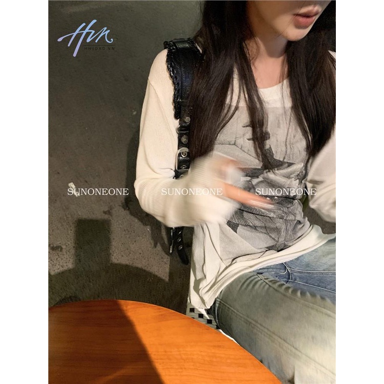 Áo Thun Dệt Kim Tay Dài Dáng Rộng In Họa Tiết Kiểu Retro Mỹ Xinh Xắn Cho Nữ
