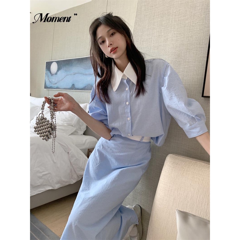 Set Áo Sơ Mi Ngắn Tay Màu Sắc Tương Phản Và Chân Váy Lưng Cao Thời Trang Mùa Hè Dành Cho Nữ