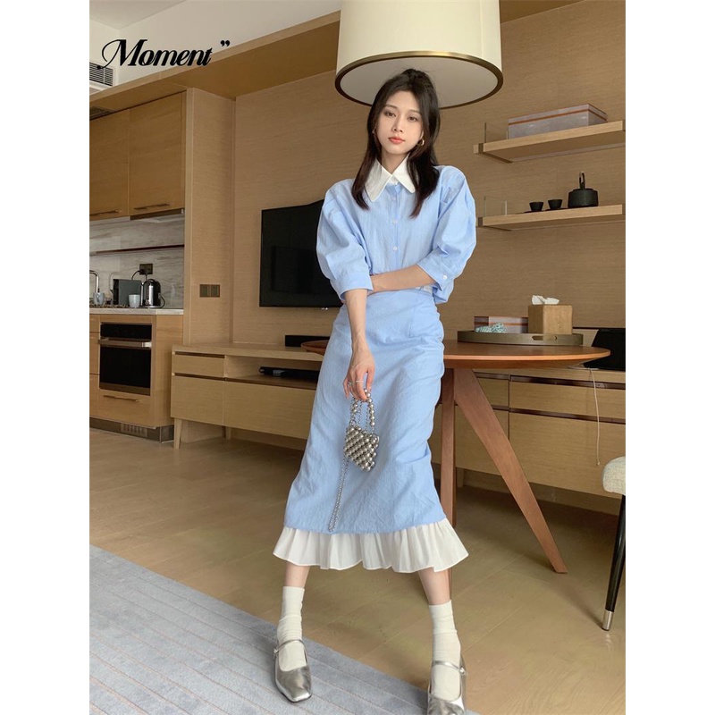 Set Áo Sơ Mi Ngắn Tay Màu Sắc Tương Phản Và Chân Váy Lưng Cao Thời Trang Mùa Hè Dành Cho Nữ