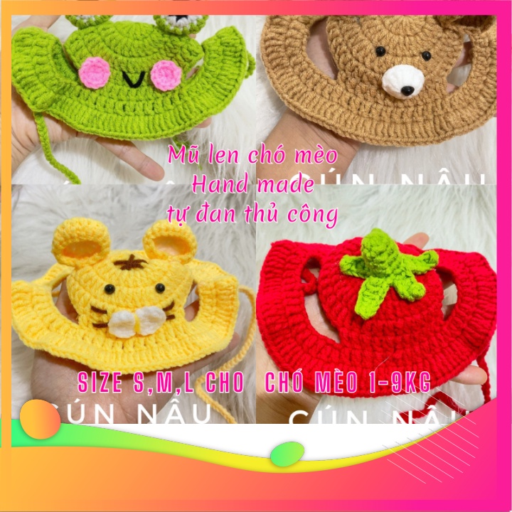 SALE petsloveuytinshop Mũ Len Chó Mèo, Nón Len Handmade Cho Thú Cưng ĐỦ SIZE 1-9kg