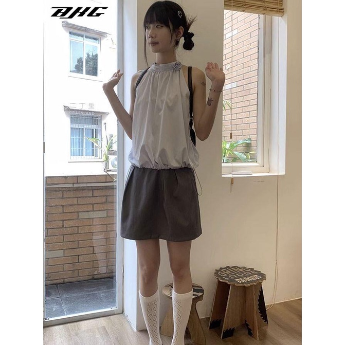 Bộ Áo Cổ Yếm Sát Nách + Chân Váy Lưng Cao Thời Trang Mùa Hè Xinh Xắn Cho Nữ