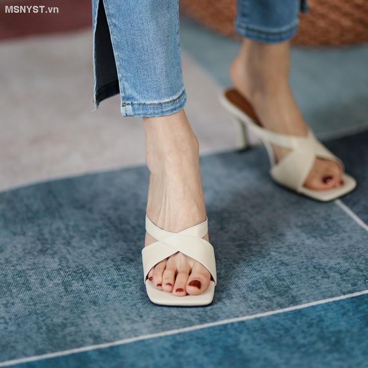Dép Cao Gót Hở Mũi Chất Liệu Da Phong Cách Retro Thời Trang Mùa Hè 2023