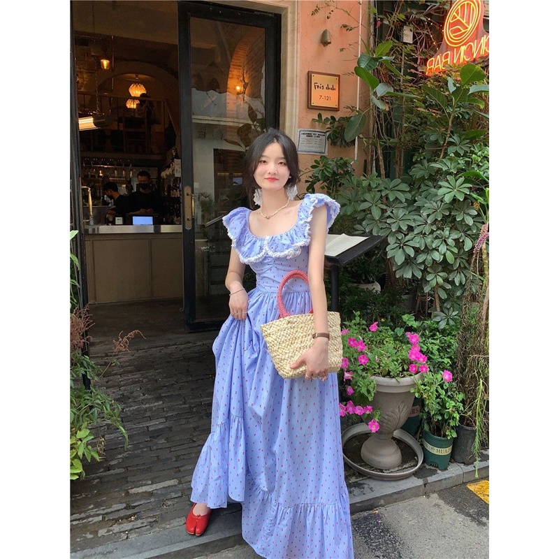Đầm Dài Xếp Ly Tay Bay In Hoa Màu Xanh Dương Tươi Mới Phong Cách Mùa Hè Dành Cho Bạn Nữ