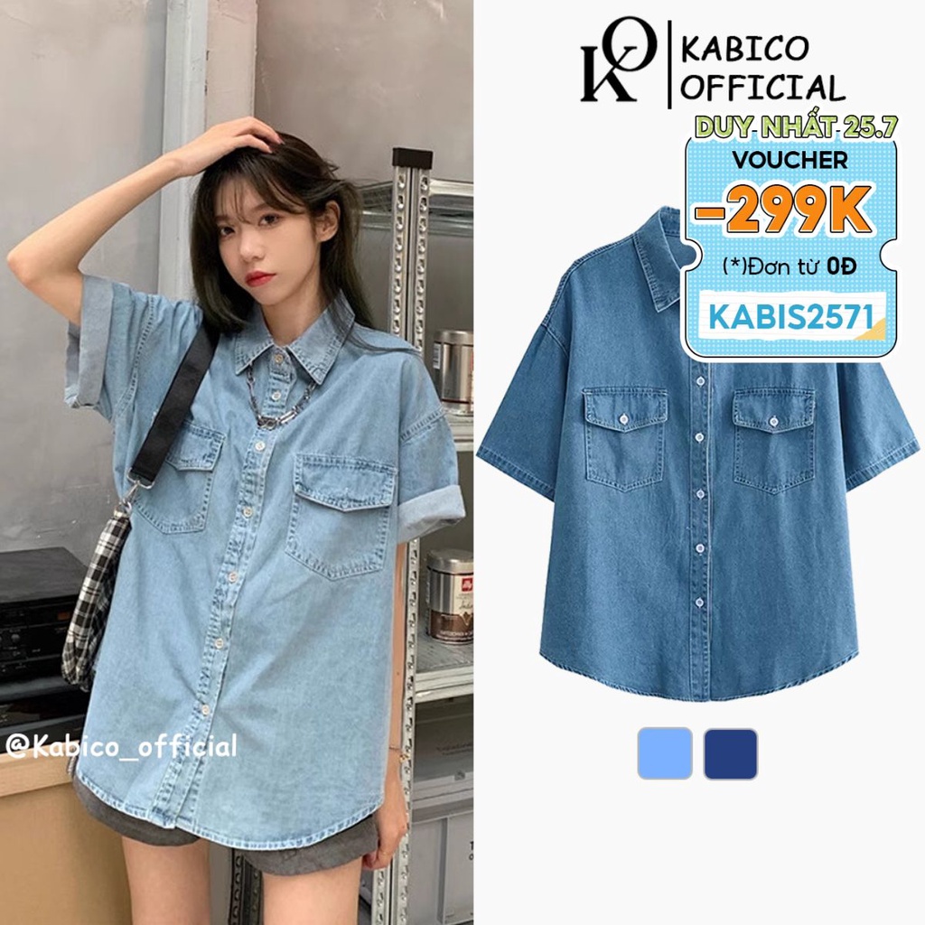 Áo sơ mi jean nữ cộc tay KABICO, áo sơ mi bò oversize form rộng 2 túi phong cách ulzzang G5 | BigBuy360 - bigbuy360.vn