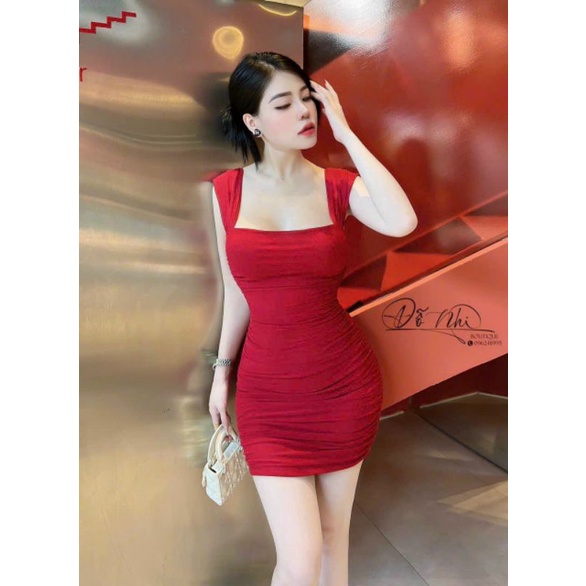 Đầm Cổ Vuông Hai Dây Bản To Xéo Cánh Tiên - Ngắn Nhún Thân Ôm Body Sexy - Tiểu Thư Bánh Bèo Cute Sang Chảnh Đi Chơi