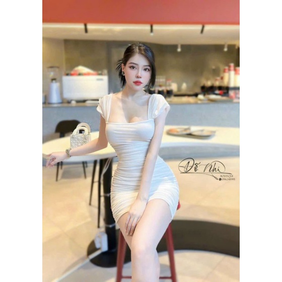 Đầm Cổ Vuông Hai Dây Bản To Xéo Cánh Tiên - Ngắn Nhún Thân Ôm Body Sexy - Tiểu Thư Bánh Bèo Cute Sang Chảnh Đi Chơi