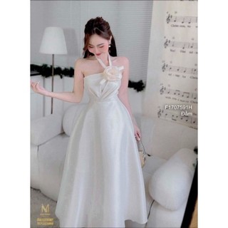 [Maysstore2020] Đầm xòe maxi đi tiệc cổ yếm dây lệch phối hoa to 1707