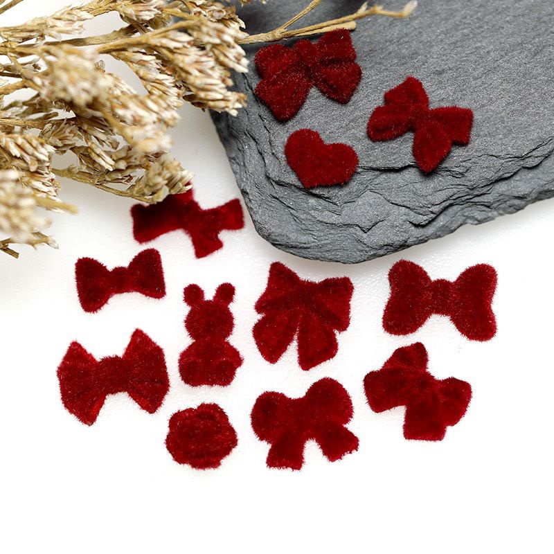 Charm nơ lông nhung mềm màu đỏ nail phụ kiện gắn trang trí móng tay