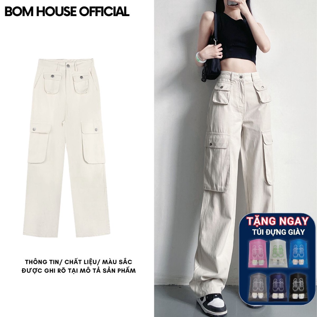 Quần Dài Ống Rộng Túi Hộp Kaki Cạp Cao Nam Nữ Unisex Bomhouse