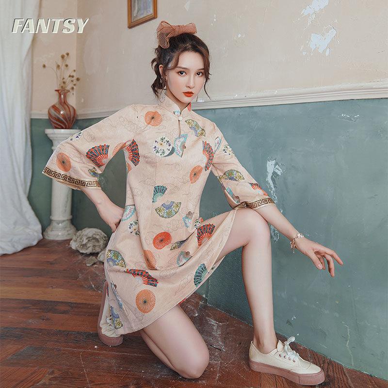 Đầm Sườn Xám Cách Tân Dáng Chữ a Tay Ngắn Phong Cách Trung Hoa Thời Trang Mùa Xuân Cho Nữ