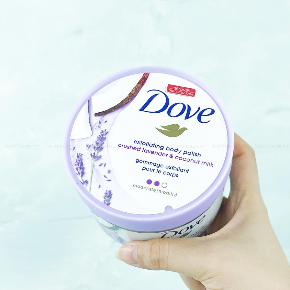 Tẩy Da Chết Dove Toàn Thân Sạch Sâu Hạt Nhuyễn Mịn Lavender Coconut Milk Sữa Dừa Oải Hương 298g