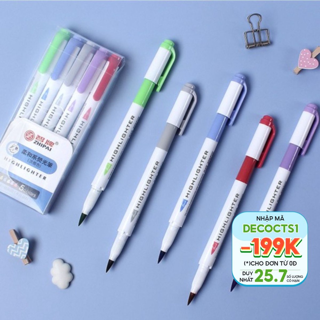 Hộp 6 bút gel mực đen Decorme bút bấm ST tone pastel ngòi 0,5m họa tiết kẻ caro nhiều màu