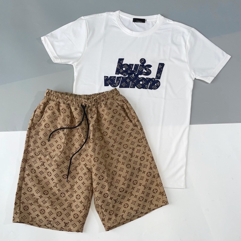 Bộ quần áo nam, set quần thun nam tay ngắn thêu Nổi chữ LV xanh, chất cotton thoáng mát Chất Liệu Đẹp Như Hình