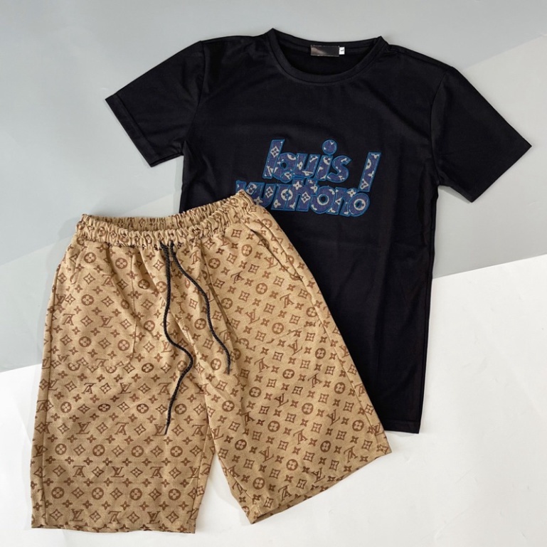 Bộ quần áo nam, set quần thun nam tay ngắn thêu Nổi chữ LV xanh, chất cotton thoáng mát Chất Liệu Đẹp Như Hình
