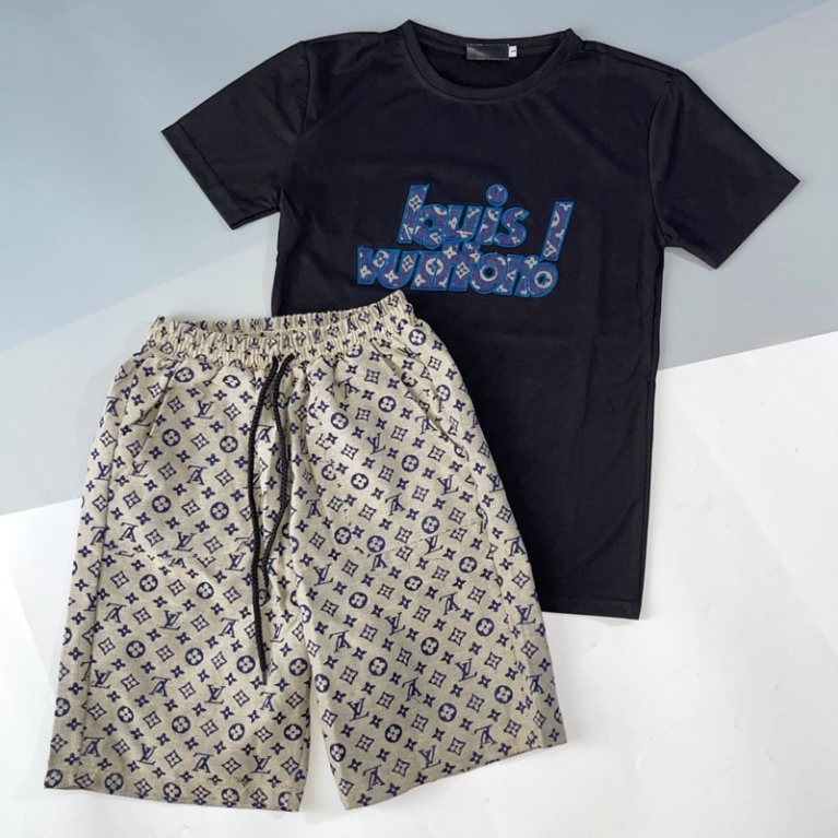 Bộ quần áo nam, set quần thun nam tay ngắn thêu Nổi chữ LV xanh, chất cotton thoáng mát Chất Liệu Đẹp Như Hình
