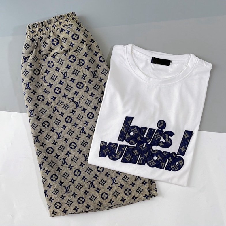 Bộ quần áo nam, set quần thun nam tay ngắn thêu Nổi chữ LV xanh, chất cotton thoáng mát Chất Liệu Đẹp Như Hình