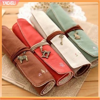 (yakhsu) Túi đựng bút chì/ cọ trang điểm vải canvas thiết kế cuộn tròn sáng tạo tiện lợi