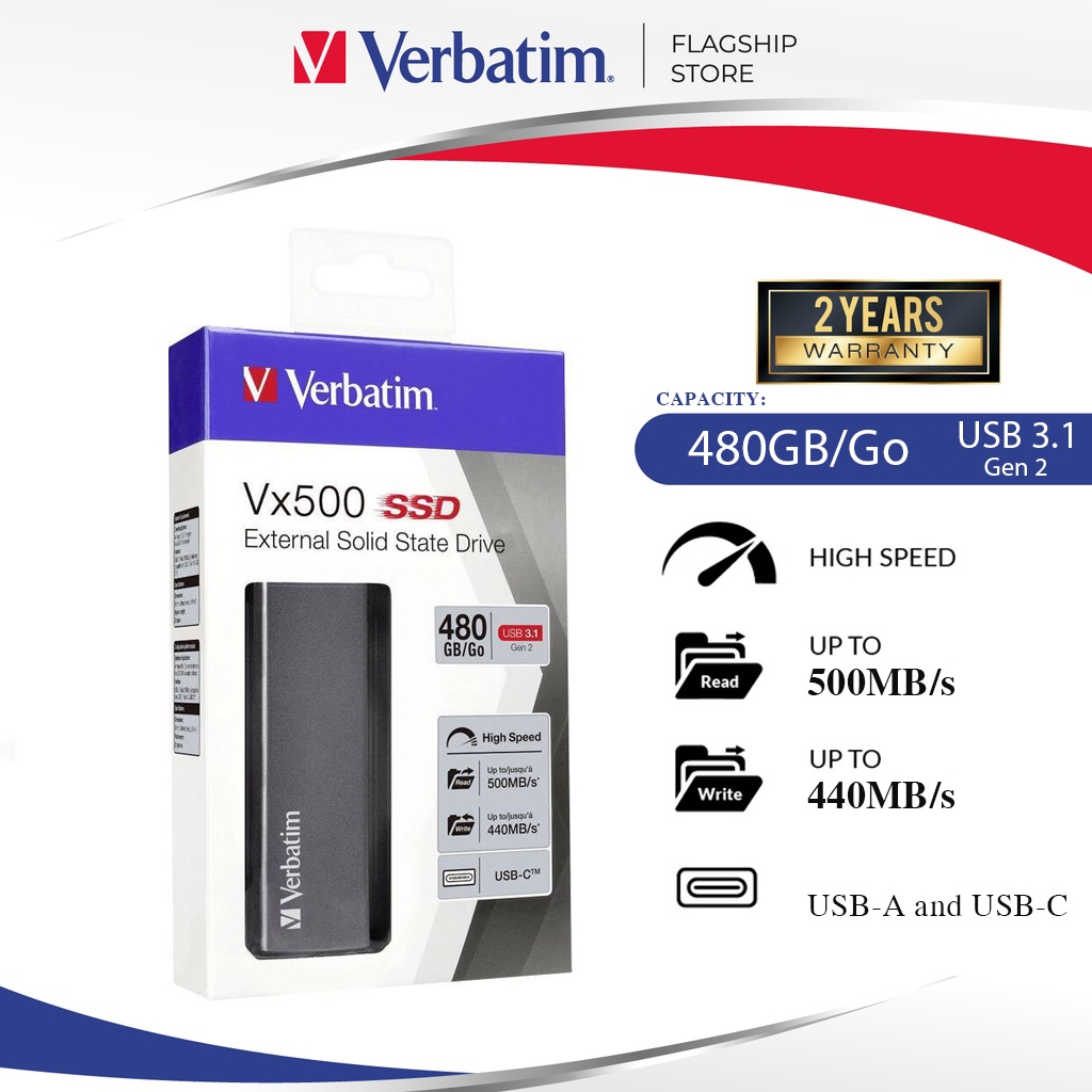 Ổ cứng di động SSD Verbatim 480GB Vx500 External SSD, USB 3.1 Gen 2 - Model 47443