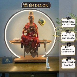 Tượng Quan Âm Bồ Tát ngồi thiền ÉN DECOR tượng phật gốm tử sa 46cm kèm kệ đèn led decor trang trí phong thuỷ an nhiên