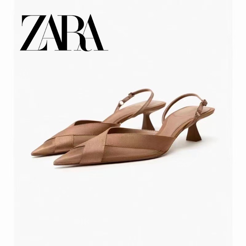 Giày Cao Gót Zara Mũi Nhọn Màu Nâu Phong Cách Âu Mỹ Cao Cấp Cho Nữ