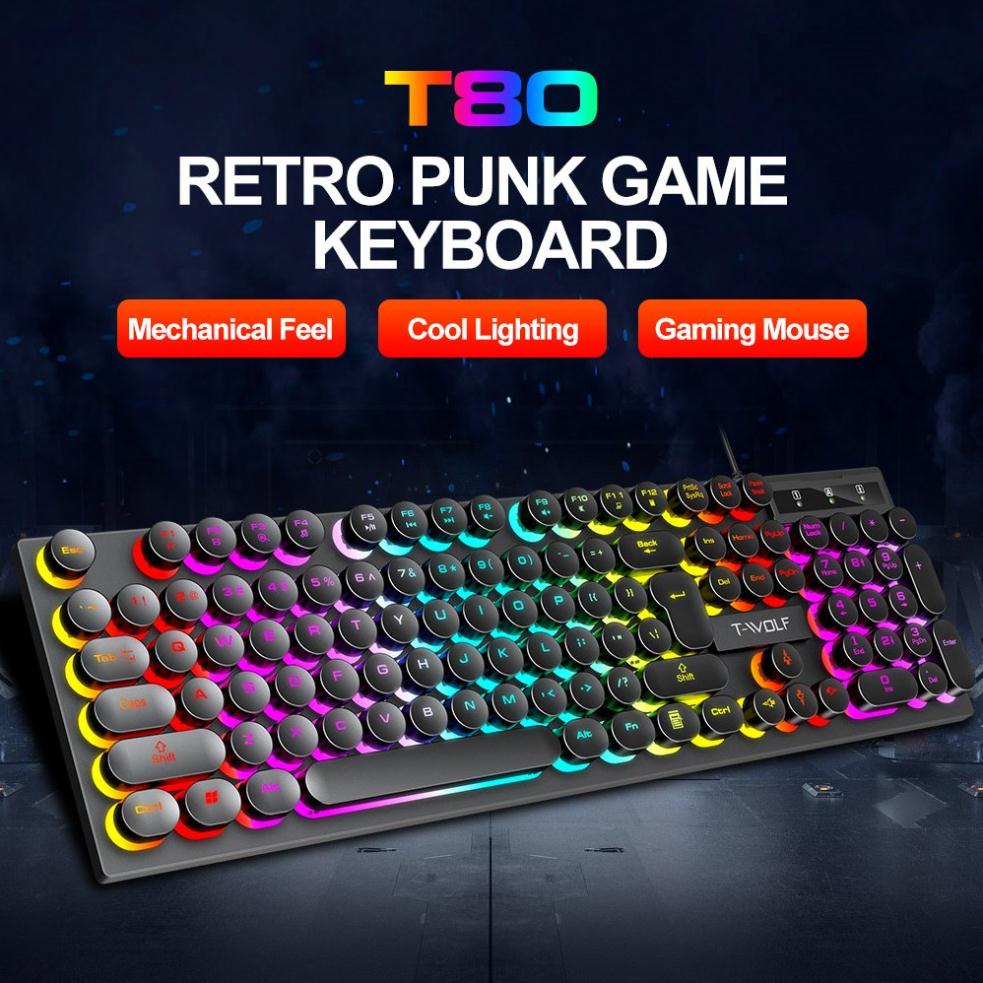 Bàn phím gaming có đèn led 7 màu phím tròn keyboard chơi game T Wolf T80