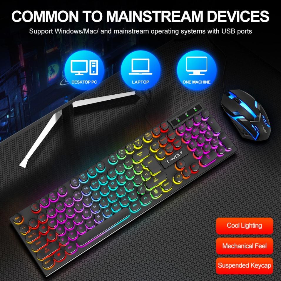 Bàn phím gaming có đèn led 7 màu phím tròn keyboard chơi game T Wolf T80