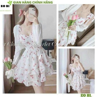 Đầm thời trang nữ đi chơi chất voan in hoa nút bọc kèm áo khoác