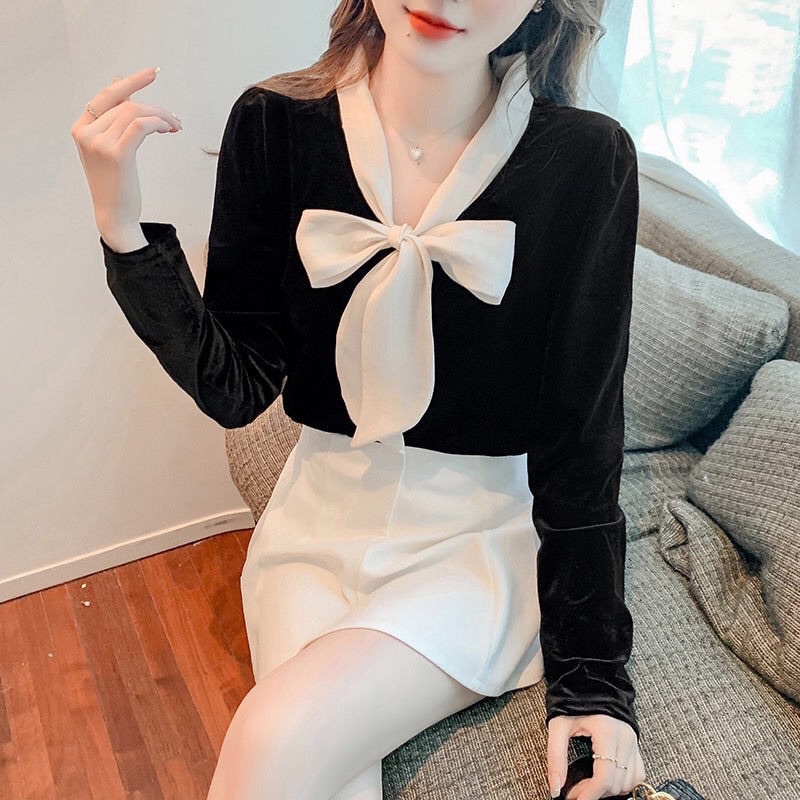 Áo nhung cổ thắt nơ