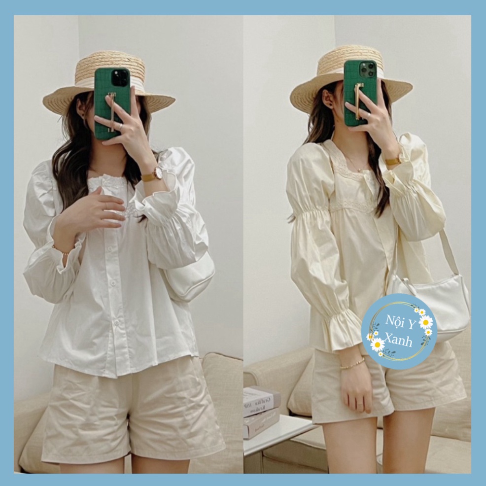 Áo babydoll viền ren bo tay 1609 nội y xanh babydoll hot trend