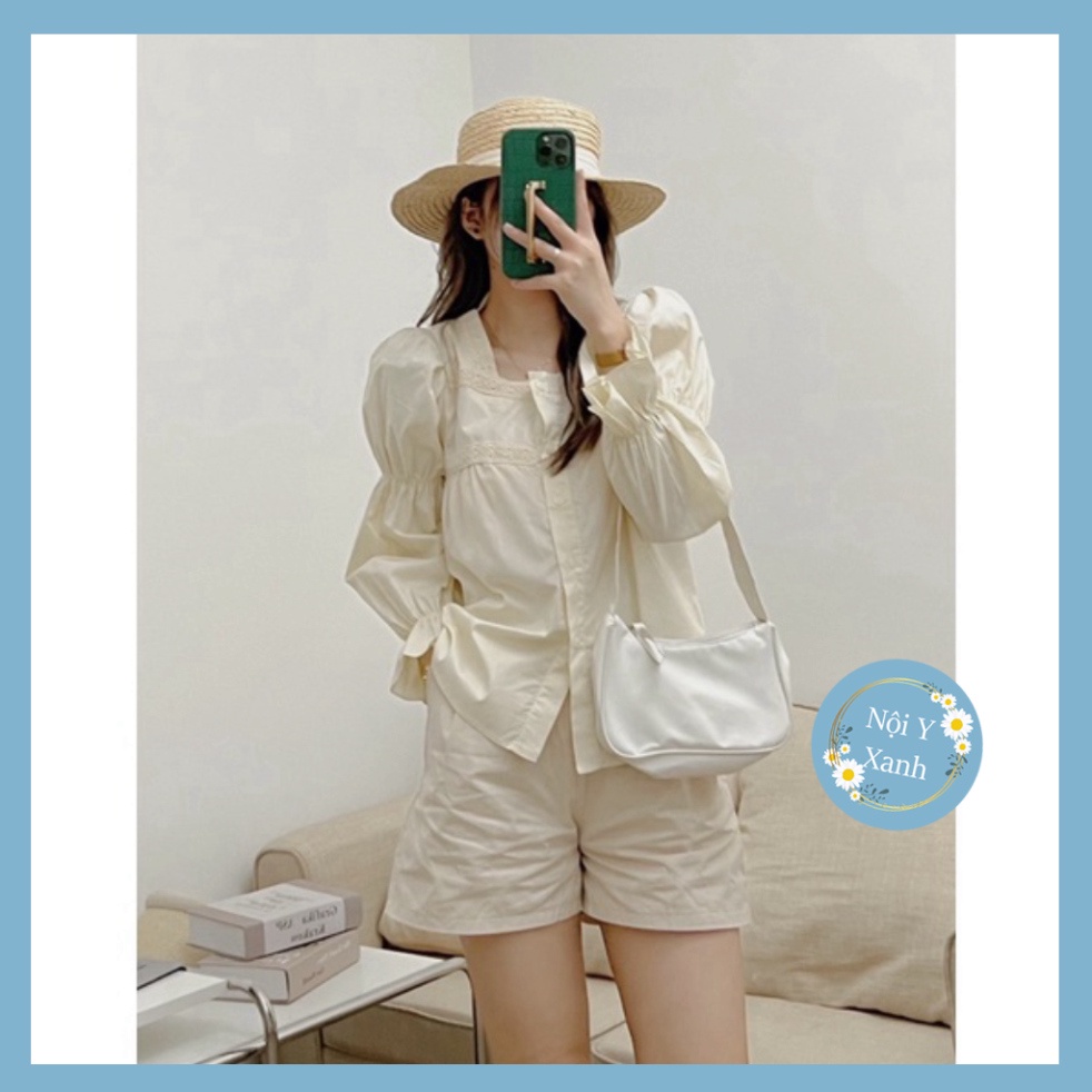 Áo babydoll viền ren bo tay 1609 nội y xanh babydoll hot trend