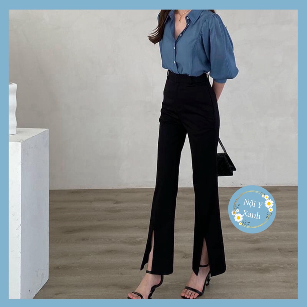 Quần tây ống rộng loe xẻ tà vitex phong cách hàn quốc nội y xanh babydoll hot trend