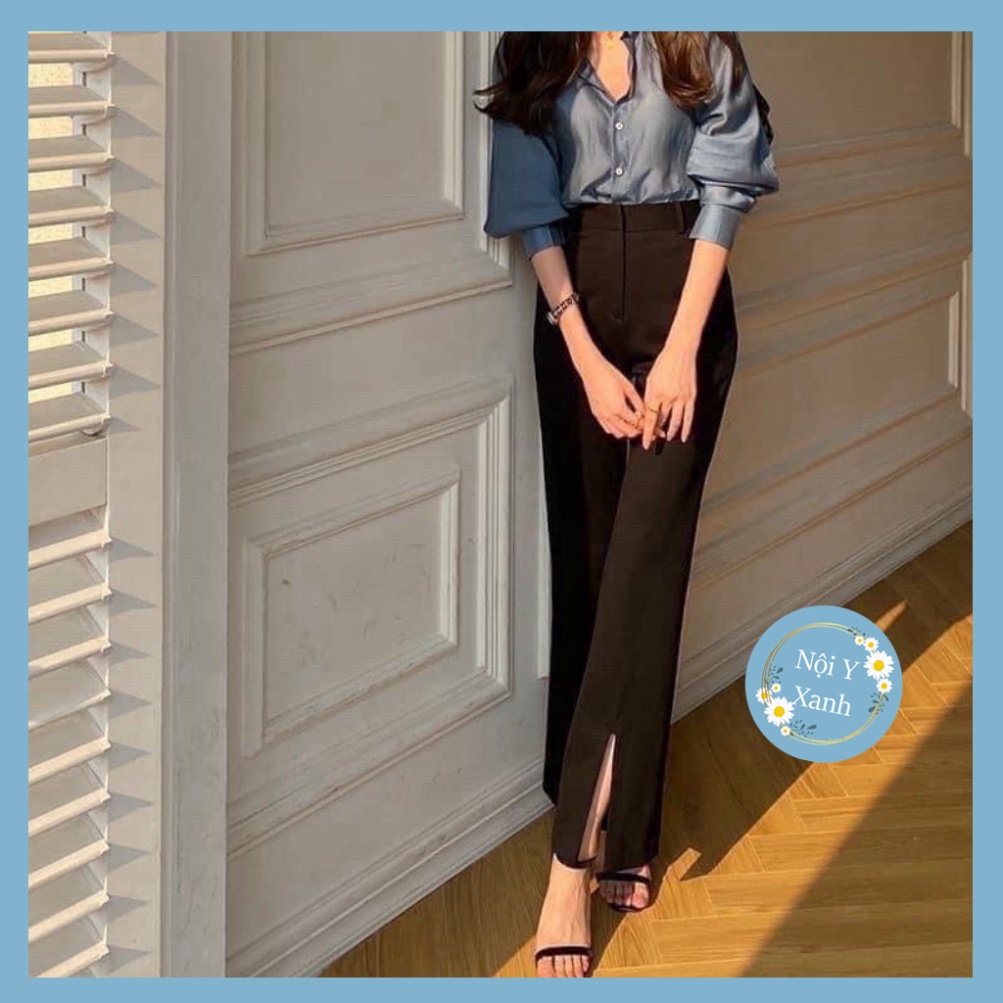 Quần tây ống rộng loe xẻ tà vitex phong cách hàn quốc nội y xanh babydoll hot trend