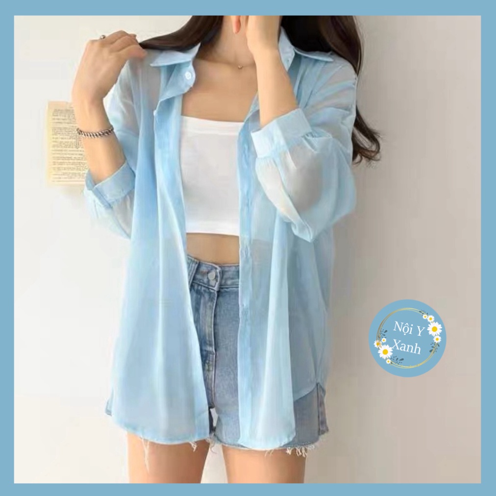 Áo sơ mi voan mỏng xuyên thấu form rộng nội y xanh babydoll hot trend | BigBuy360 - bigbuy360.vn