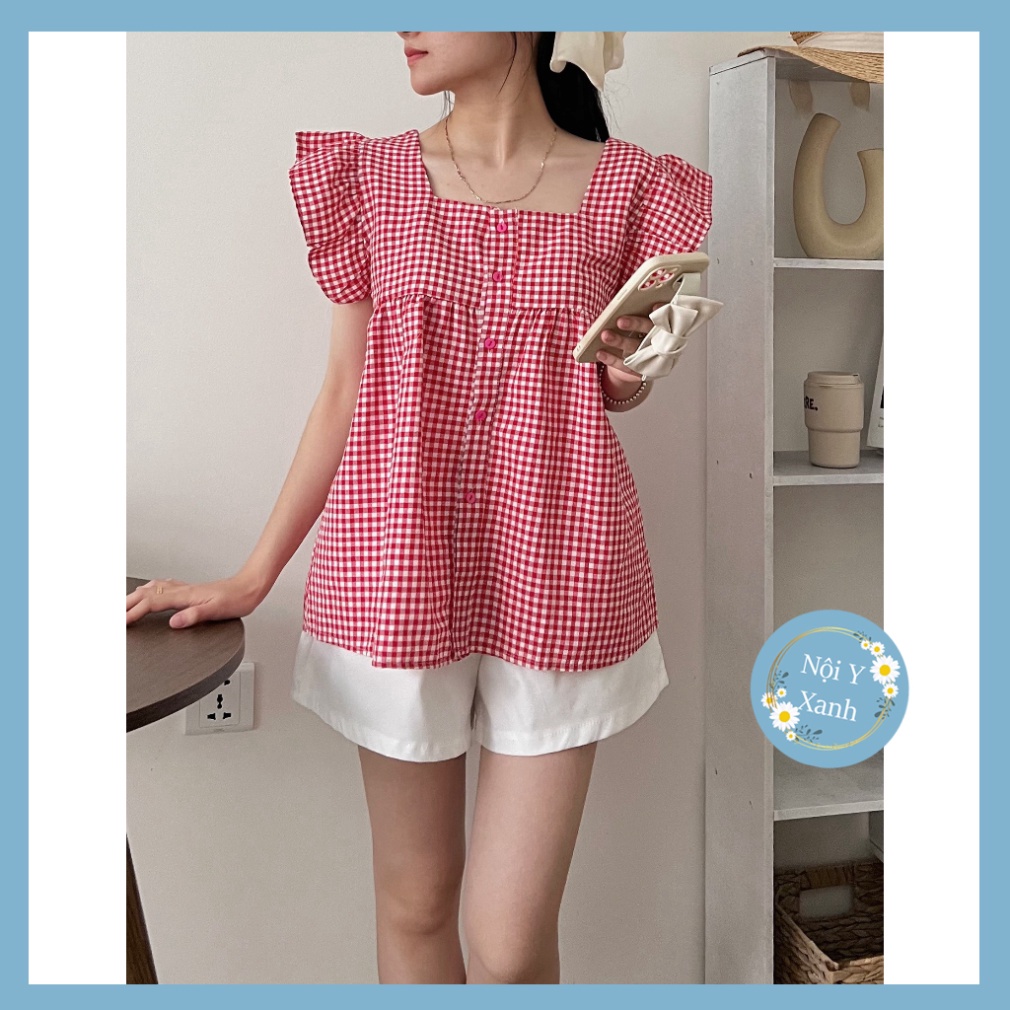 Set áo kẻ cánh tiên kèm quần đùi 2 màu nội y xanh babydoll hot trend