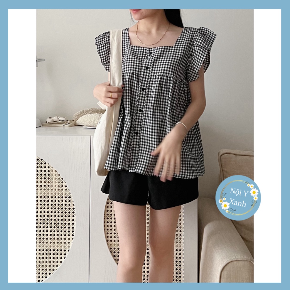 Set áo kẻ cánh tiên kèm quần đùi 2 màu nội y xanh babydoll hot trend