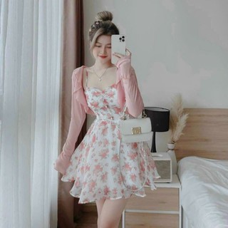 Đầm thời trang nữ đi tiệc chất voan hoa đính cườm kèm áo khoác chất cotton