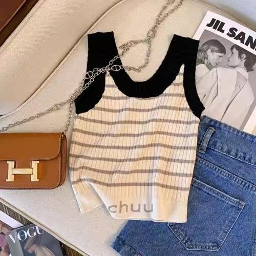 Áo Dệt Kim Sát Nách Kẻ Sọc Màu Sắc Tương Phản Thời Trang Mùa Hè Cao Cấp Cho Nữ