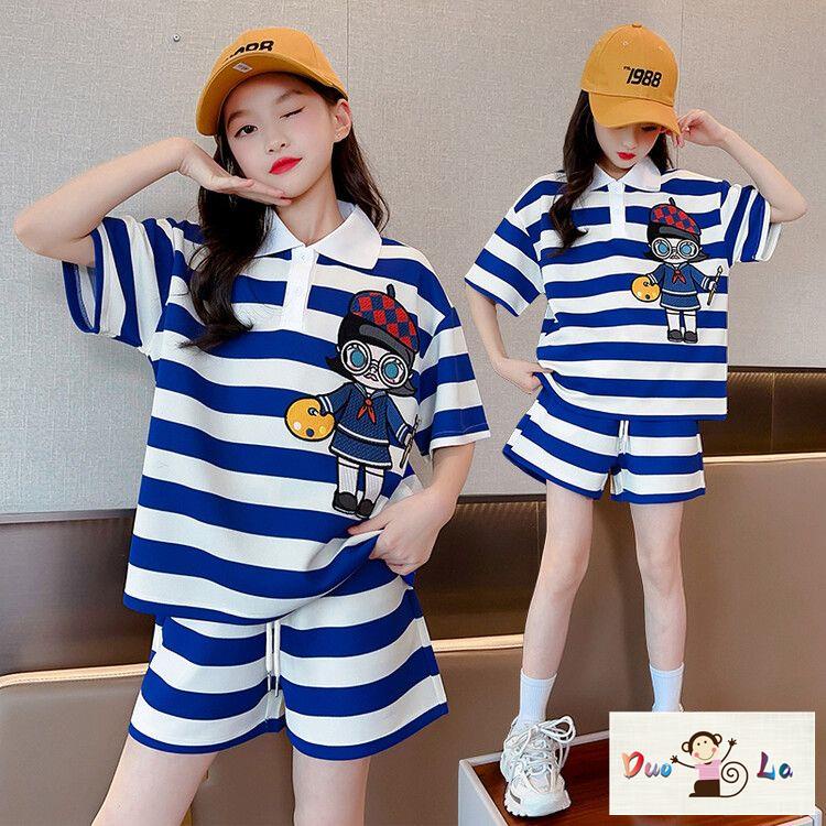 Bộ Áo Thun Tay Ngắn Họa Tiết Hoạt Hình Phối Quần Short Kẻ Sọc Thời Trang Mùa Hè 2023 Cho Bé Gái