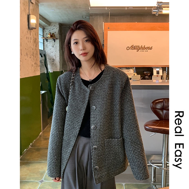 Áo Khoác Dáng Rộng Màu Xám Phong Cách Pháp Thời Trang Mùa Thu Mới Cho Nữ