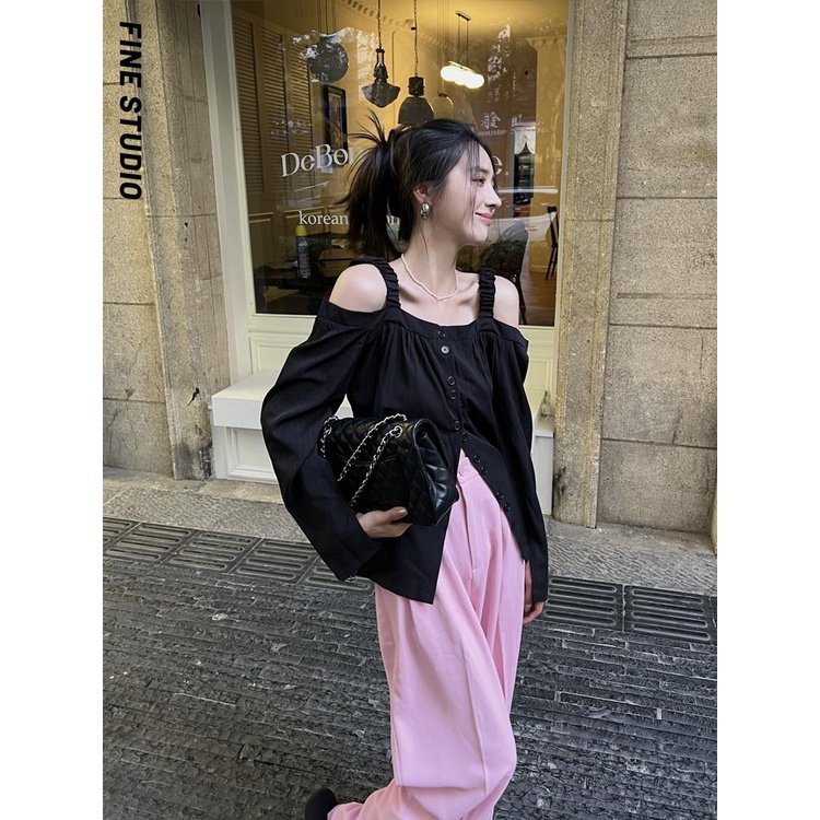 Áo Kiểu Trễ Vai Tay Dài Màu Đen Thời Trang Mùa Hè Cho Nữ