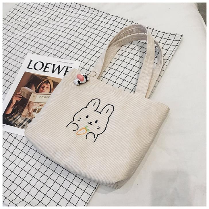 Túi xách vải nữ nhung tăm có khóa kéo cute đeo vai túi tote vải thêu đựng đồ đi làm đi học A4  hình gấu LiChen T02