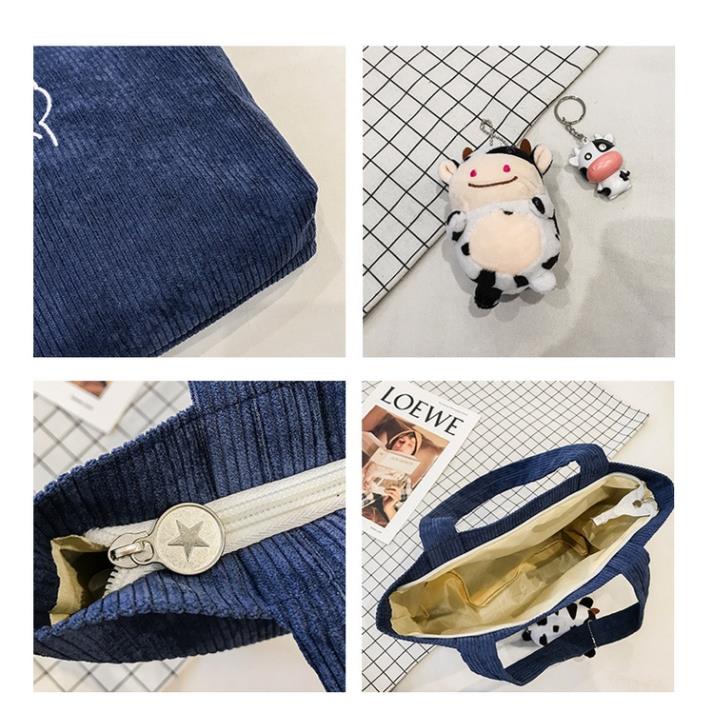 Túi xách vải nữ nhung tăm có khóa kéo cute đeo vai túi tote vải thêu đựng đồ đi làm đi học A4  hình gấu LiChen T02