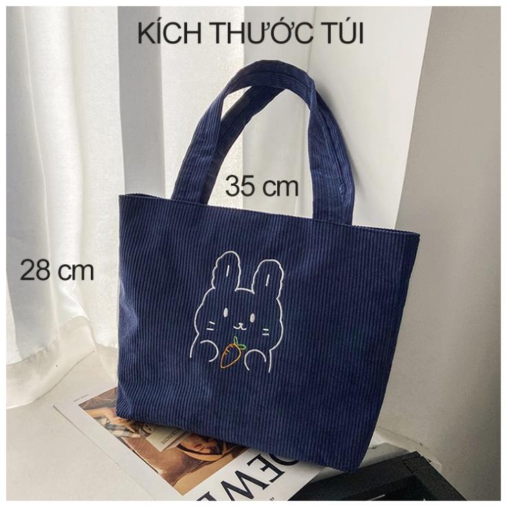 Túi xách vải nữ nhung tăm có khóa kéo cute đeo vai túi tote vải thêu đựng đồ đi làm đi học A4  hình gấu LiChen T02