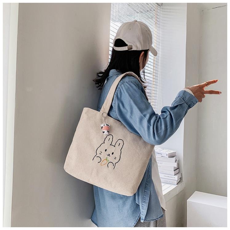 Túi xách vải nữ nhung tăm có khóa kéo cute đeo vai túi tote vải thêu đựng đồ đi làm đi học A4  hình gấu LiChen T02