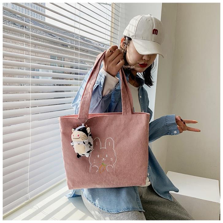 Túi xách vải nữ nhung tăm có khóa kéo cute đeo vai túi tote vải thêu đựng đồ đi làm đi học A4  hình gấu LiChen T02