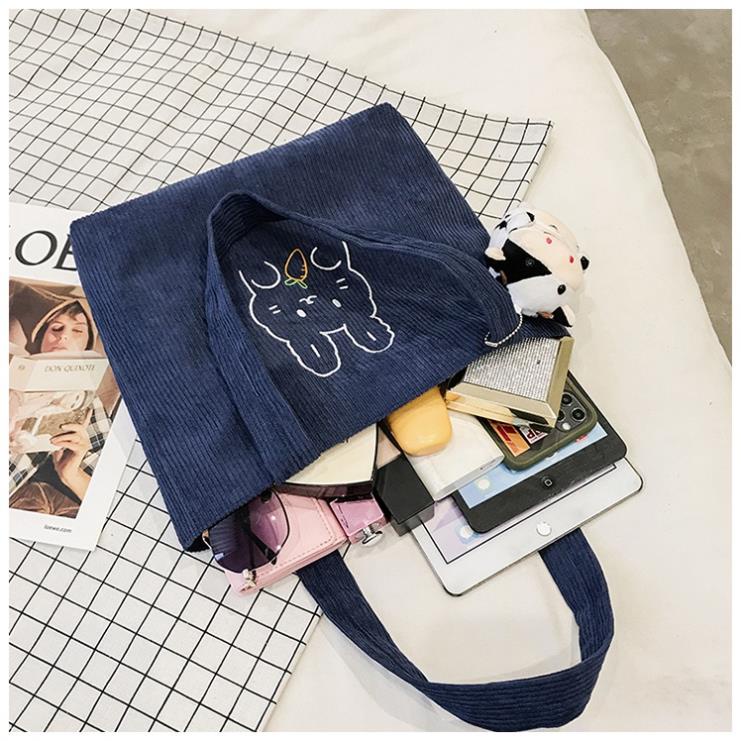 Túi xách vải nữ nhung tăm có khóa kéo cute đeo vai túi tote vải thêu đựng đồ đi làm đi học A4  hình gấu LiChen T02