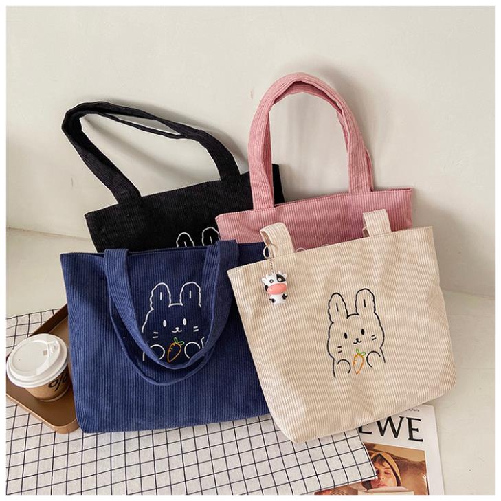 Túi xách vải nữ nhung tăm có khóa kéo cute đeo vai túi tote vải thêu đựng đồ đi làm đi học A4  hình gấu LiChen T02