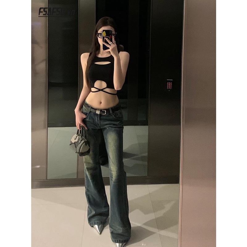 Quần Jean Dài Lưng Thấp Dáng Ôm Màu Xanh Bùn Phong Cách Retro Thời Trang Cho Nữ